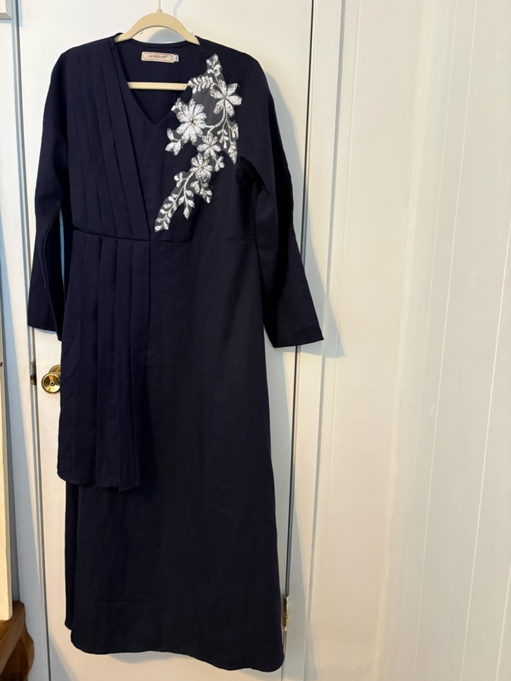 Elegant Navy Long Sleeve Dress with Silver Floral Embroidery